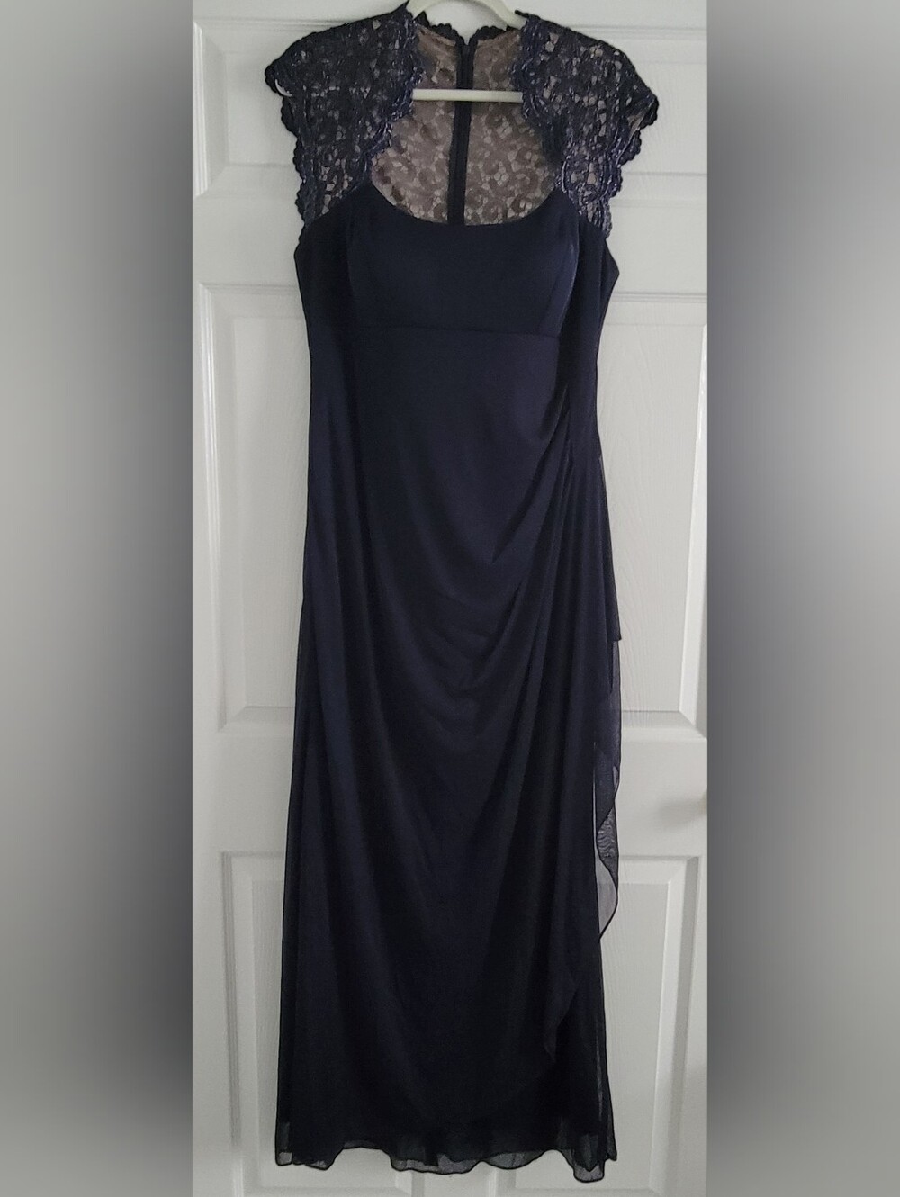 Xscape Navy Maxi Dress with Draped Side Chiffon